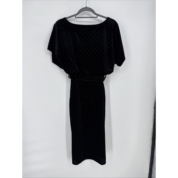 KENSIE Size Large Black Velvet Belted Short Sleeve Sheath Cocktail Event Dress - Picture 6 of 8